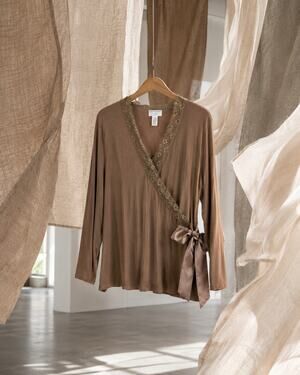 Covington Brown Faux Wrap Lace Trim Top Women's XL Satin Bow Accent